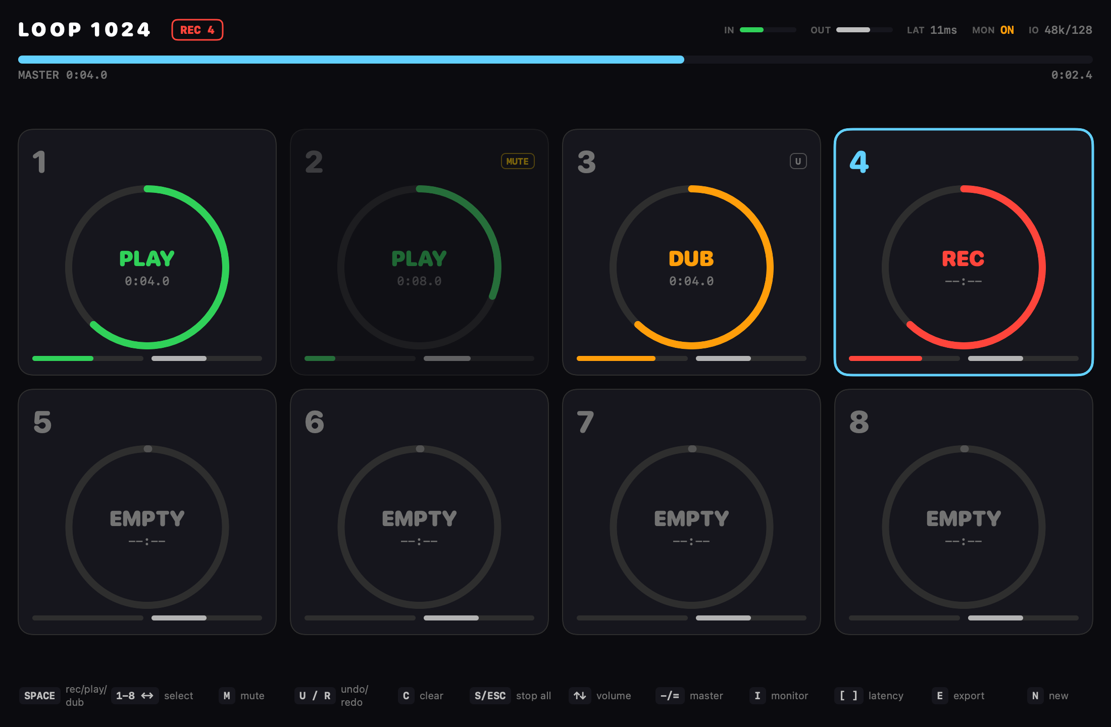 Loop 1024 — eight-track live looper interface, three layers playing while a fourth records